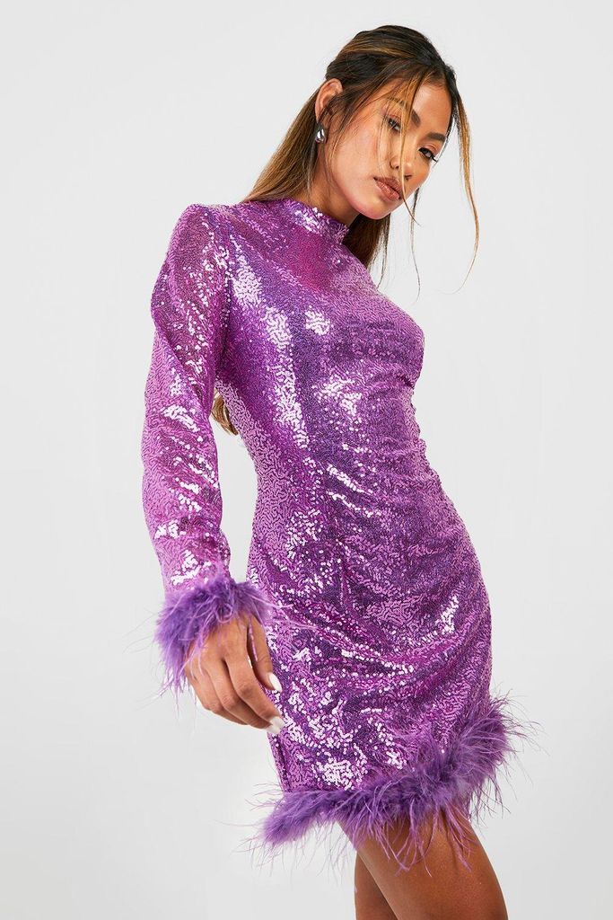 Womens Sequin High Neck Feather Hem Mini Party Dress - Purple - 6, Purple