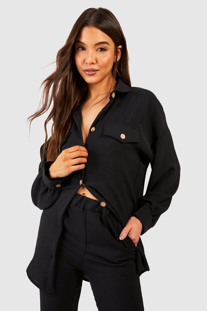 Womens Hammered Contrast Button Relaxed Fit Shirt - Black - 8, Black