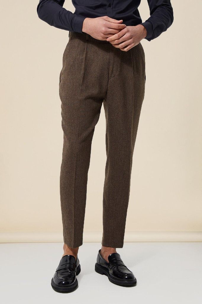 Men's Tapered Fit Herringbone Suit Trousers - Brown - 28, Brown