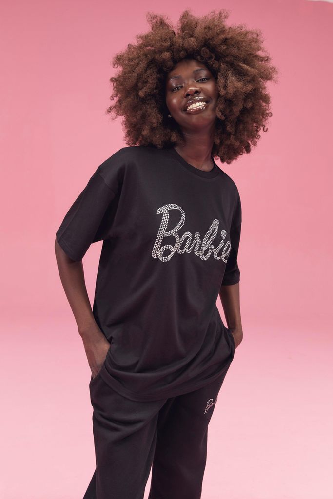 Womens Barbie Diamante Oversized T-Shirt - Black - 4, Black