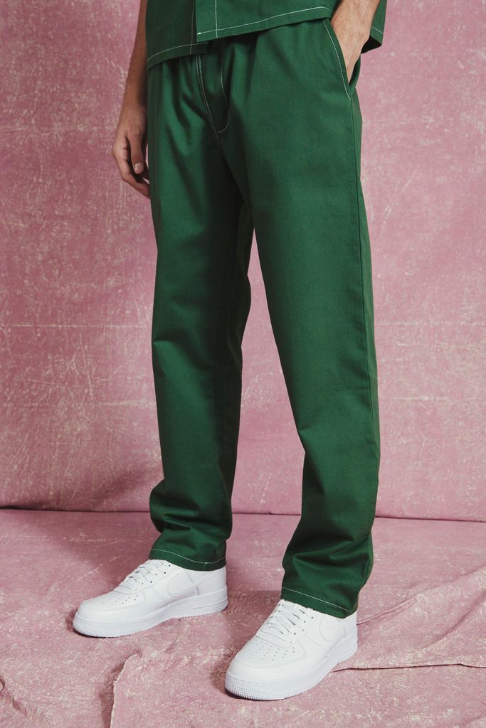 Men's Elasticated Straight Leg Twill Trousers - Green - S, Green