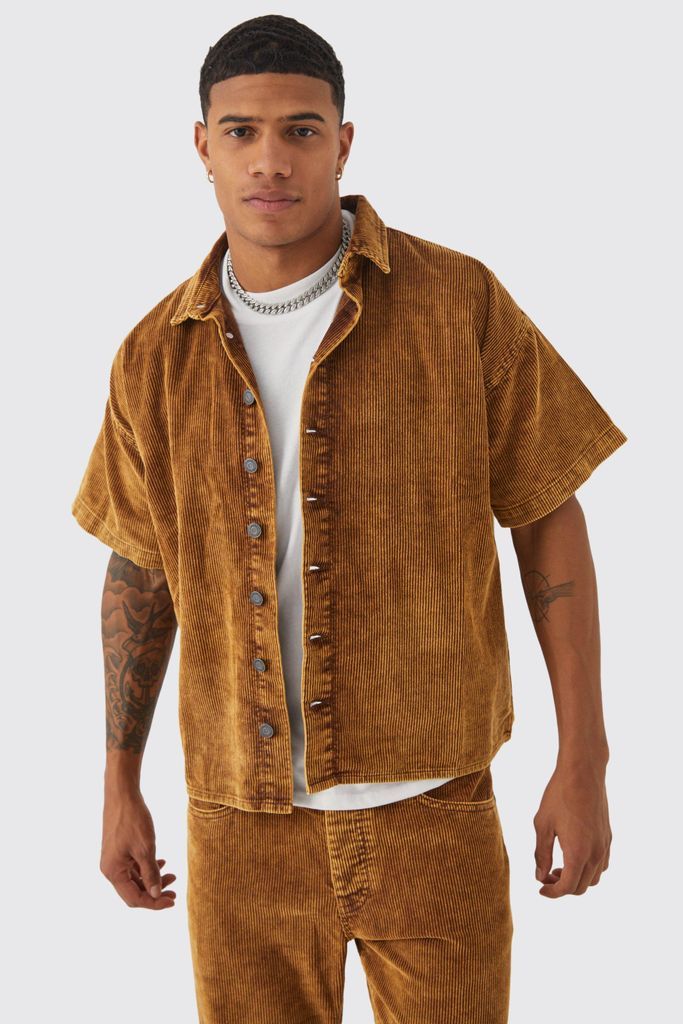 Men's Boxy Short Sleeve Acid Wash Cord Shirt - Brown - S, Brown