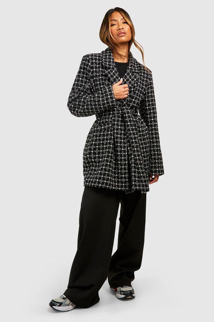 Womens Check Boucle Belted Coat - Black - 8, Black