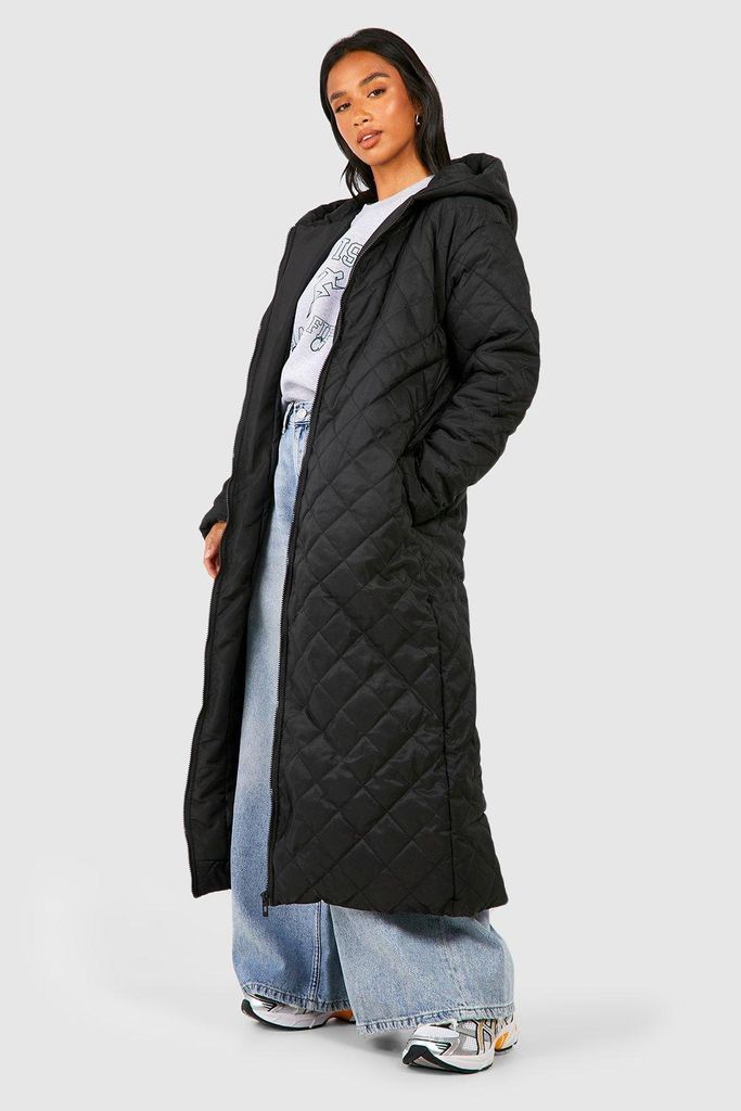 Womens Petite Diamond Quilted Hooded Maxi Puffer Jacket - Black - 6, Black