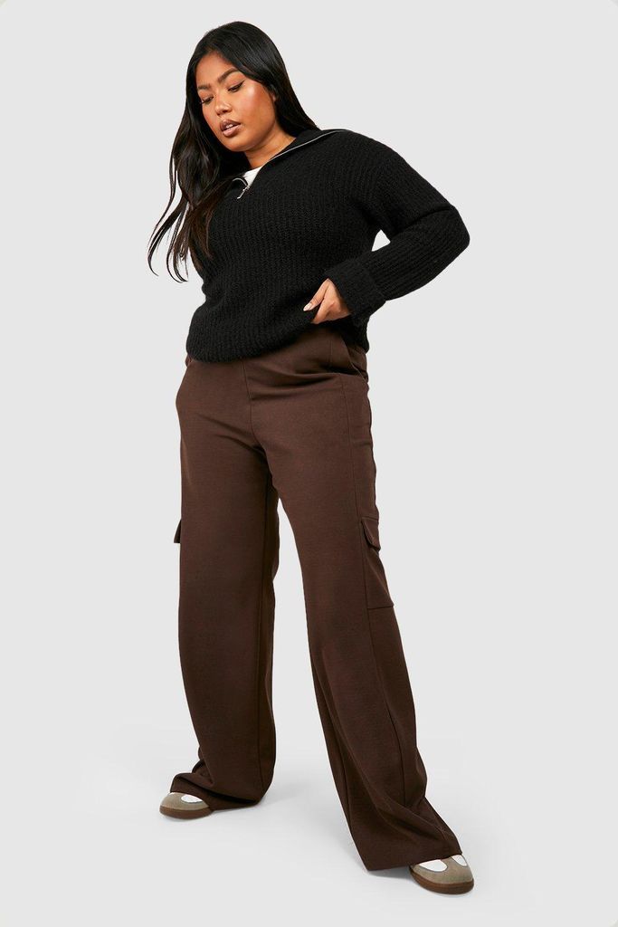Womens Plus Crepe Cargo Pocket Trousers - Brown - 16, Brown