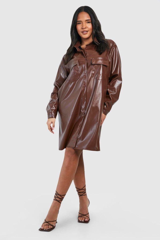 Womens Plus Pu Pocket Shirt Dress - Brown - 16, Brown