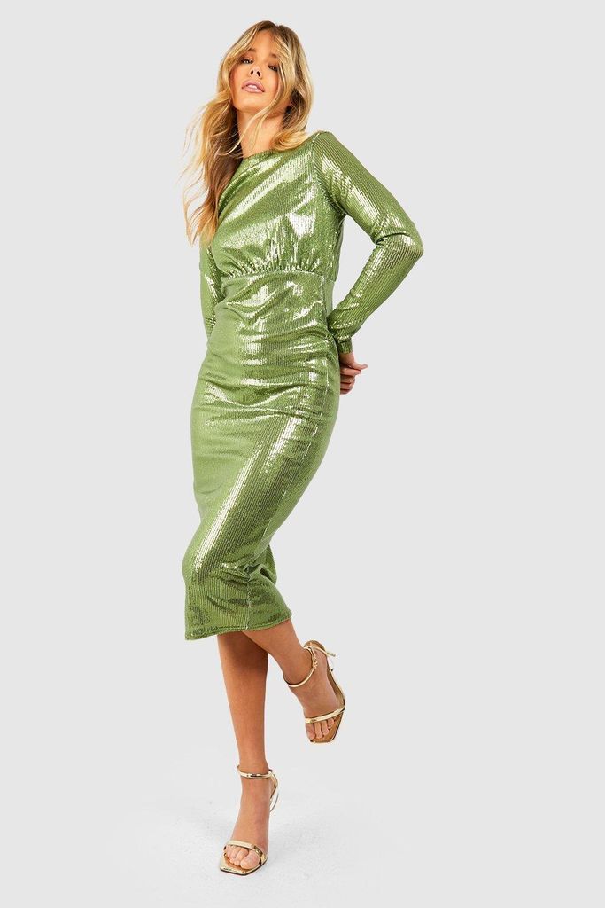 Womens Sequin Long Sleeve Midi Dress - Green - 8, Green