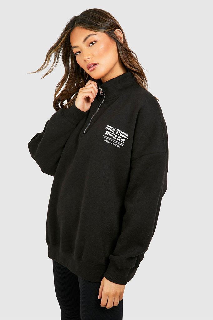 Womens Sports Club Slogan Oversized Half Zip Sweatshirt - Black - S, Black