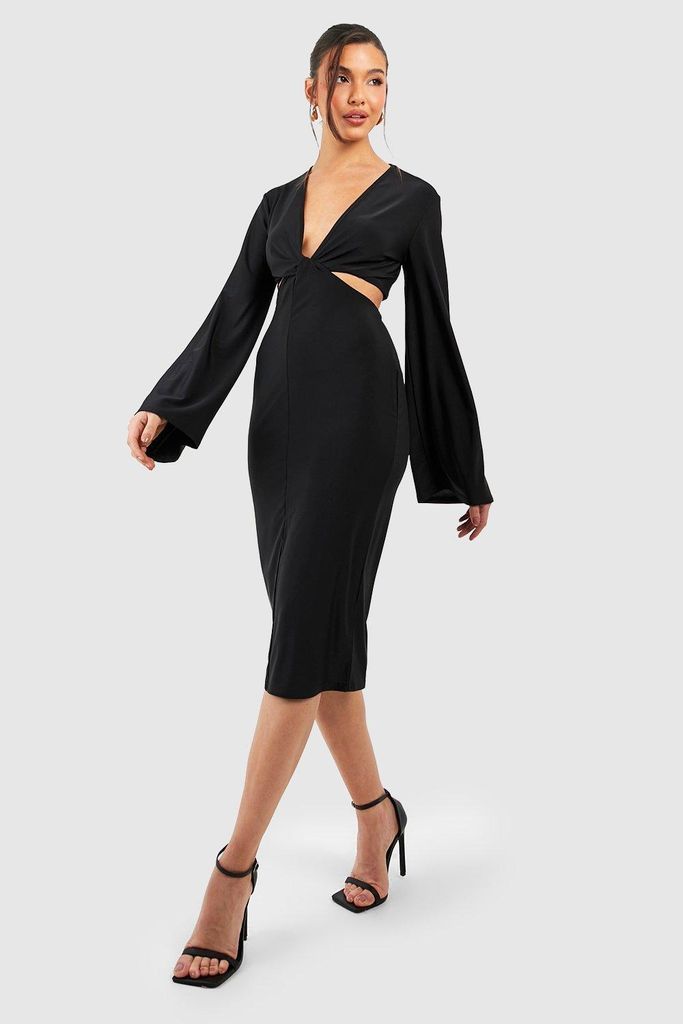Womens Twist Front Cut Out Matte Slinky Midi Dress - Black - 8, Black