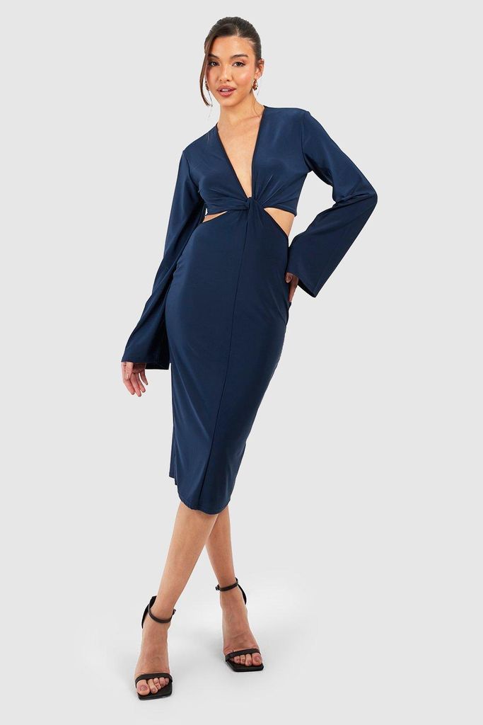 Womens Twist Front Cut Out Matte Slinky Midi Dress - Navy - 8, Navy
