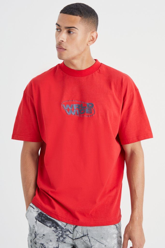Men's Oversized Heavy Embroidered Worldwide T-Shirt - S, Red