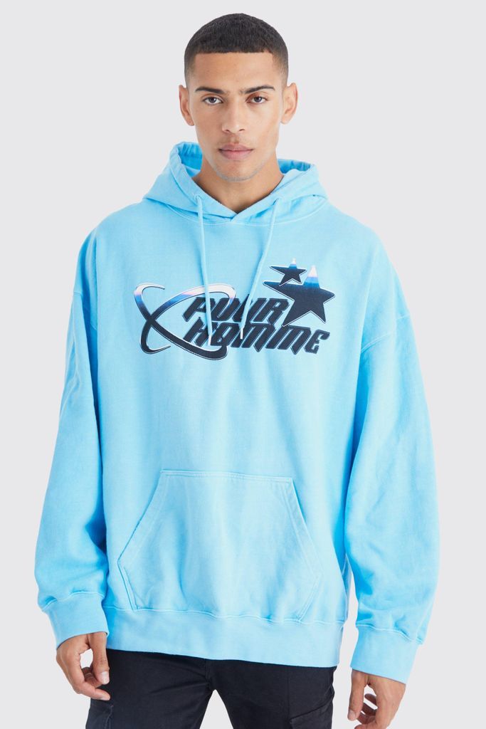 Men's Oversized Overdye Graphic Hoodie - Blue - S, Blue