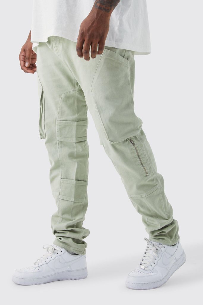 Men's Plus Fixed Waist Skinny Stacked Gusset Strap Cargo Trouser - Green - 38, Green