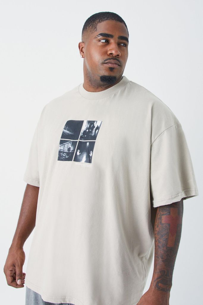 Men's Plus Oversized Heavyweight Puff Print T-Shirt - Beige - Xxxl, Beige