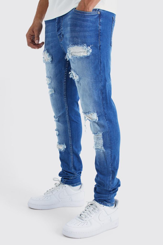 Men's Skinny Stretch Stacked Rhinestone Ripped Jeans - Blue - 28R, Blue