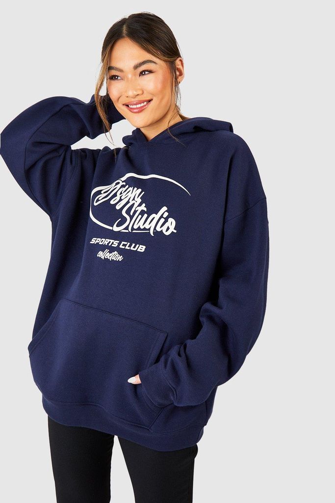 Womens Dsgn Studio Sports Slogan Oversized Hoodie - Navy - S, Navy