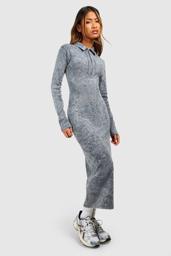 Womens Half Zip Acid Wash Midaxi Dress - Grey - 8, Grey