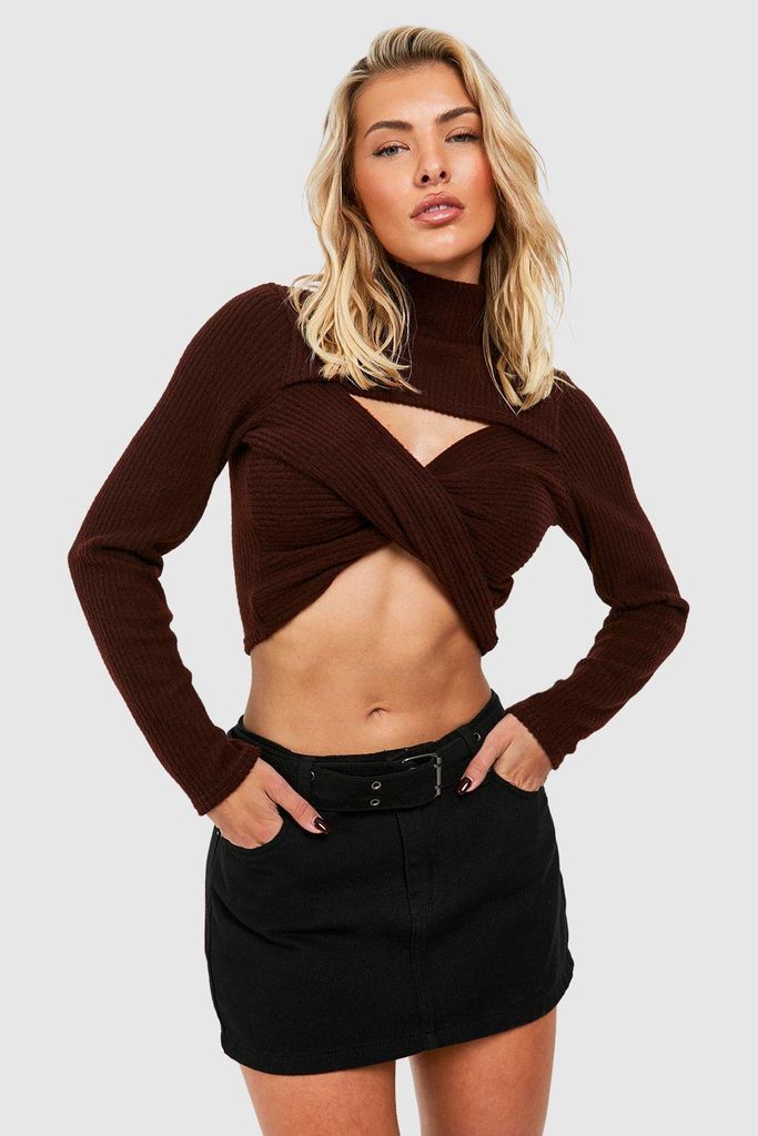 Womens Knitted Twist Front Top - Brown - 6, Brown