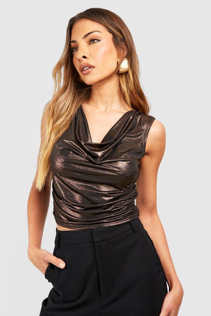 Womens Metallic Cowl Neck Top - Bronze - 6, Bronze