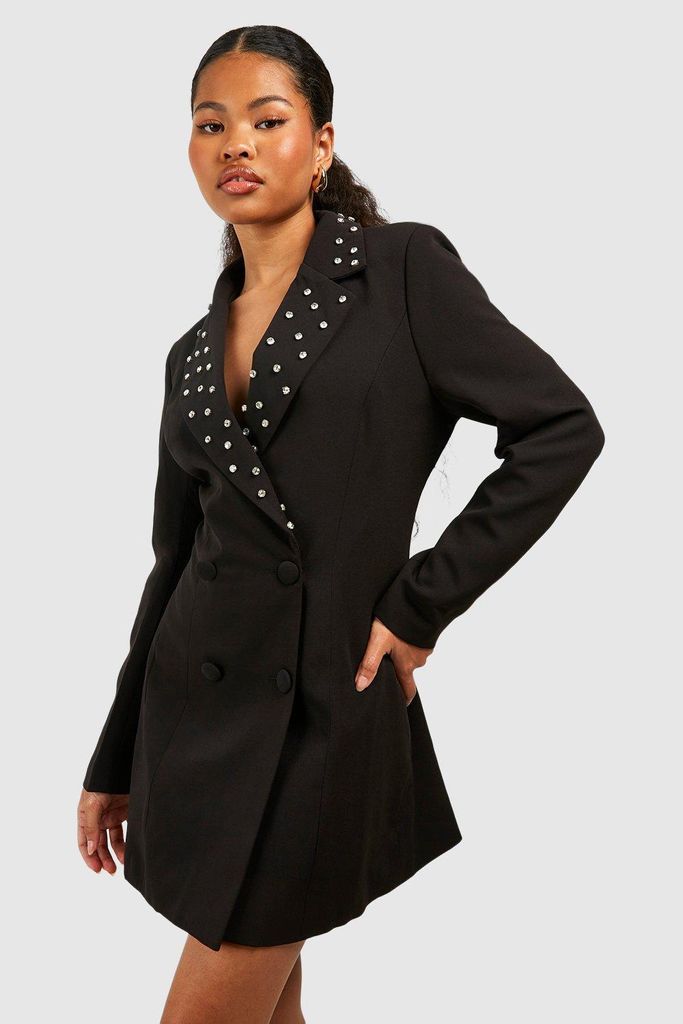 Womens Petite Crystal Collar Embellished Blazer Dress - Black - 6, Black