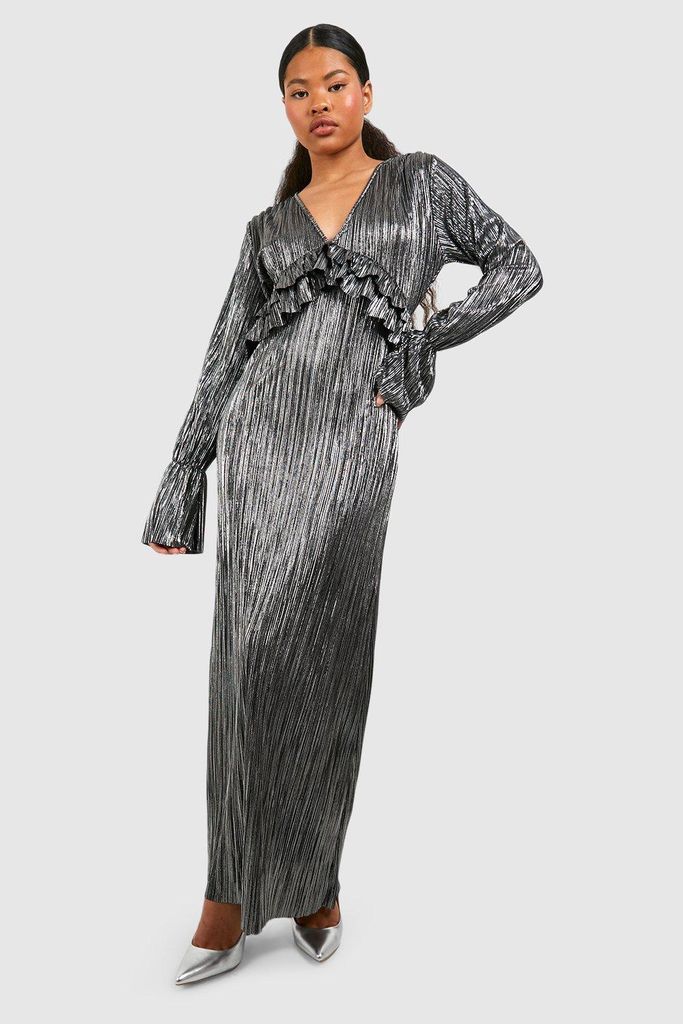 Womens Petite Metallic Plisse Frill Maxi Dress - Grey - 6, Grey