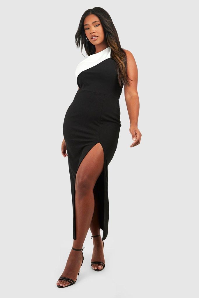 Womens Plus Colour Block One Shoulder Split Midaxi Dress - Black - 16, Black