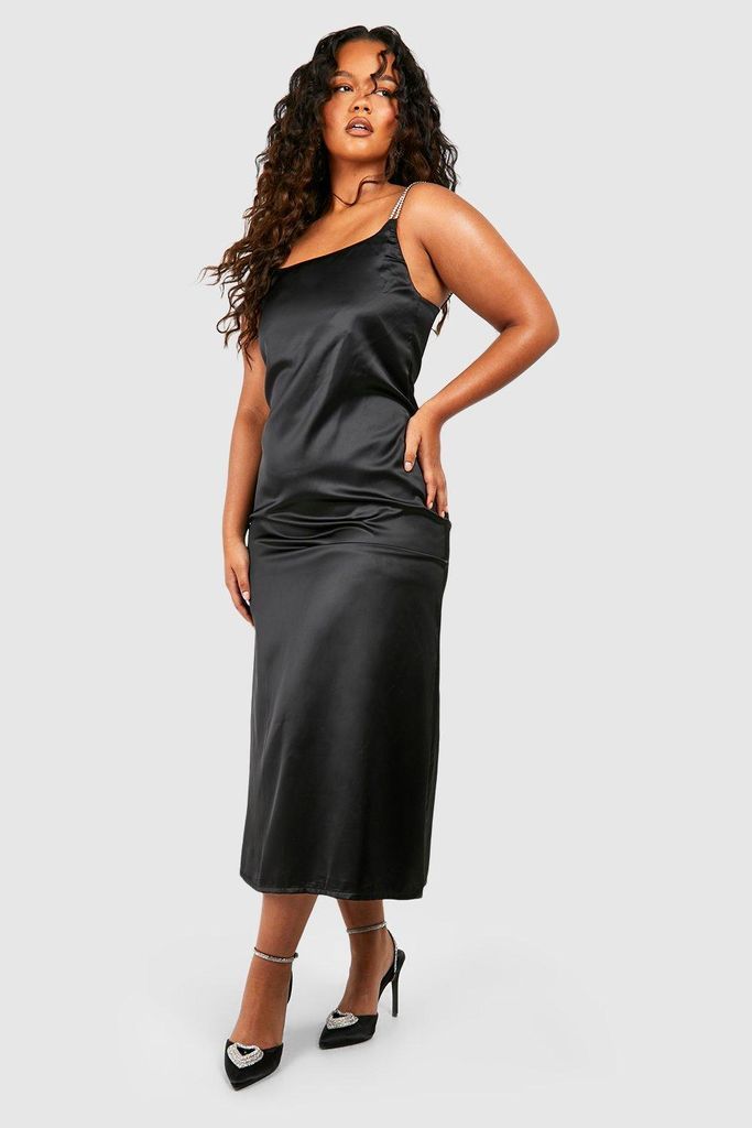 Womens Plus Diamante Strap Satin Midaxi Dress - Black - 16, Black