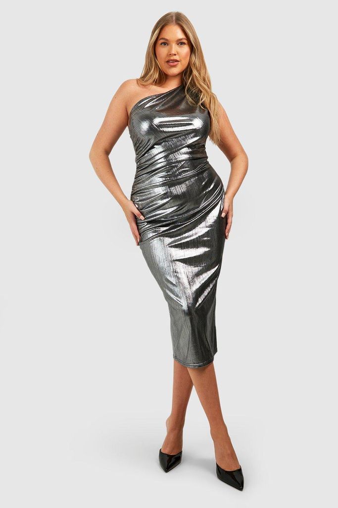 Womens Plus Metallic One Shoulder Ruched Midi Dress - Grey - 16, Grey