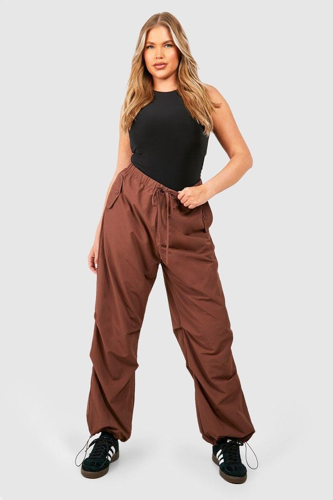 Womens Plus Nylon Ruched Detail Cargo Trousers - Brown - 16, Brown