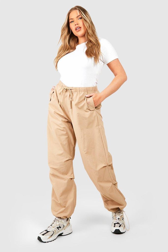 Womens Plus Nylon Ruched Detail Cargo Trousers - Beige - 16, Beige