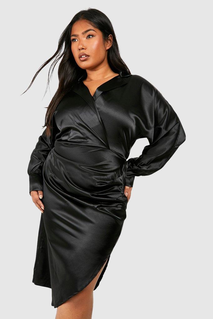 Womens Plus Satin Ruched Midi Shirt Dress - Black - 16, Black
