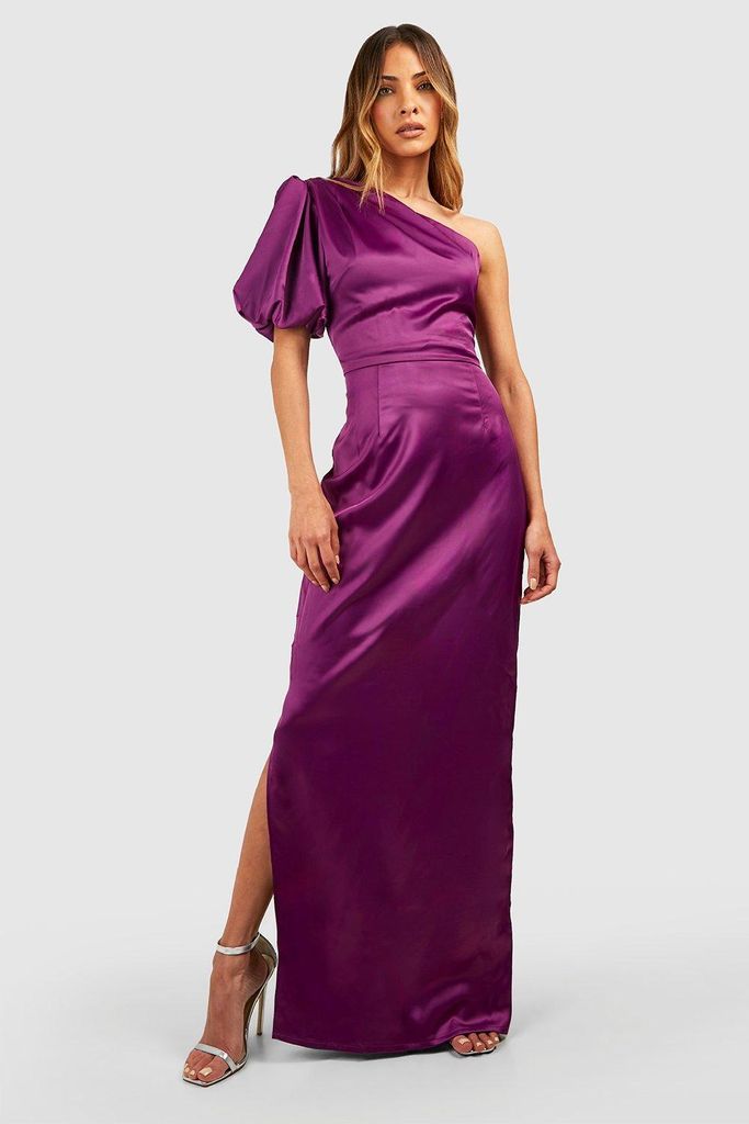 Womens Satin Puff Sleeve Column Maxi Dress - Purple - 8, Purple