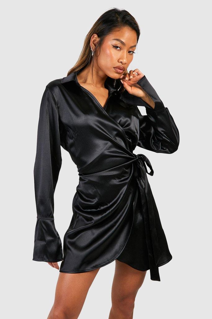 Womens Satin Wrap Mini Shirt Dress - Black - 8, Black