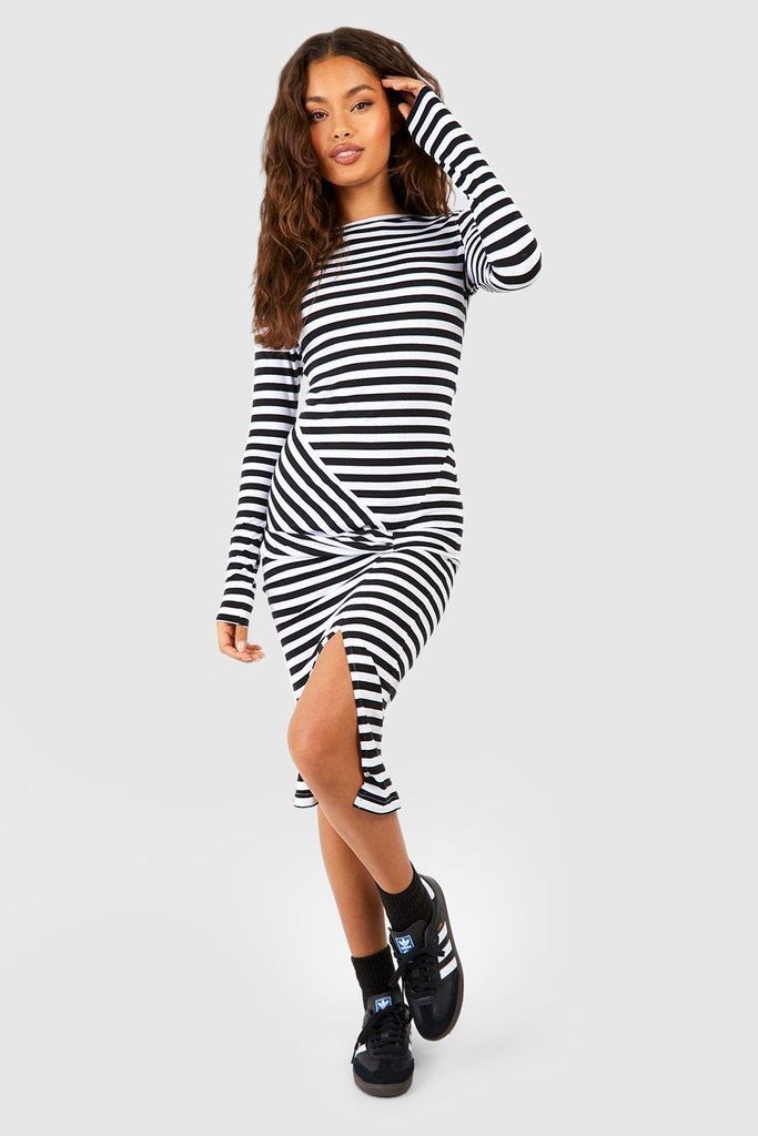 Womens Stripe Cotton Twist Detail Midi Dress - Black - 8, Black