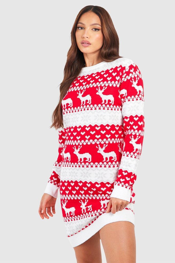 Womens Tall Hearts And Reindeer Fairisle Christmas Jumper Dress - Red - 8, Red