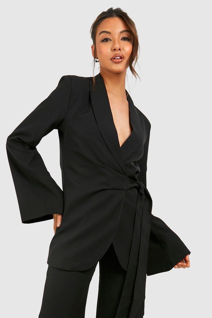 Womens Tie Waist Flared Sleeve Tailored Blazer - Black - 6, Black
