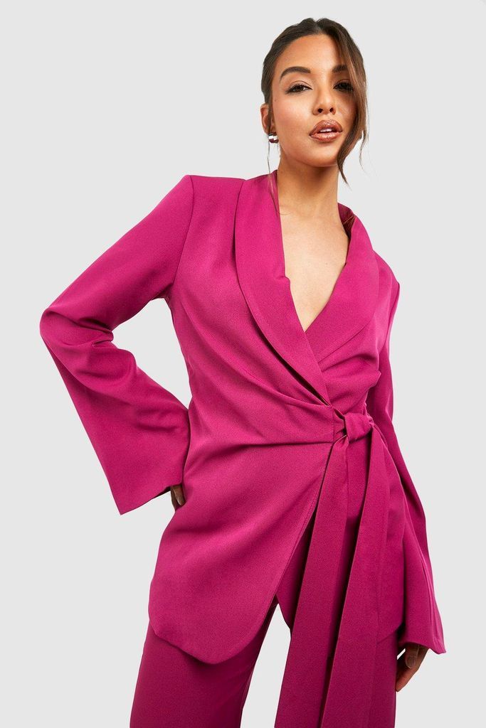 Womens Tie Waist Flared Sleeve Tailored Blazer - Pink - 6, Pink