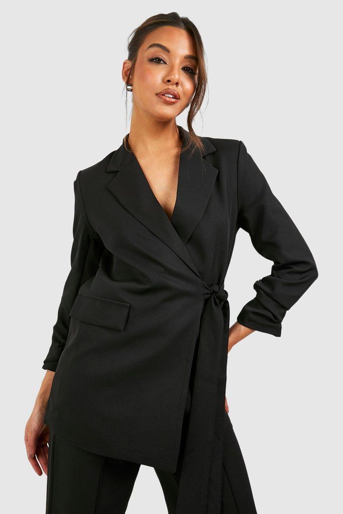 Womens Tie Waist Ruched Sleeve Tailored Blazer - Black - 6, Black