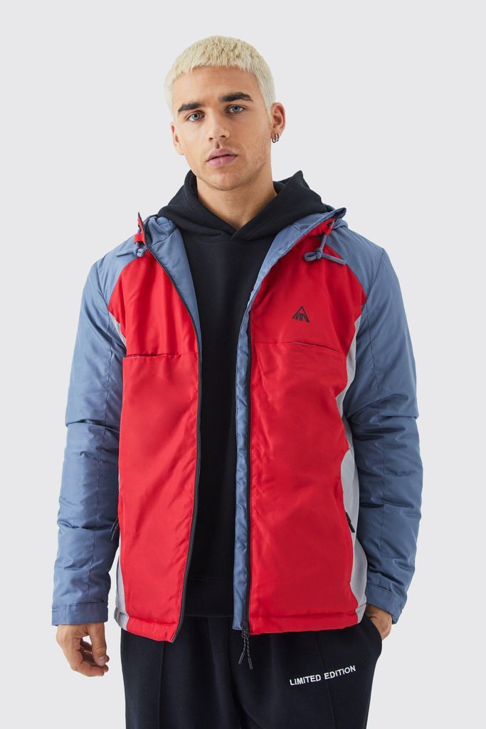 Men's Relaxed Colour Block Padded Riptstop Jacket - Red - S, Red