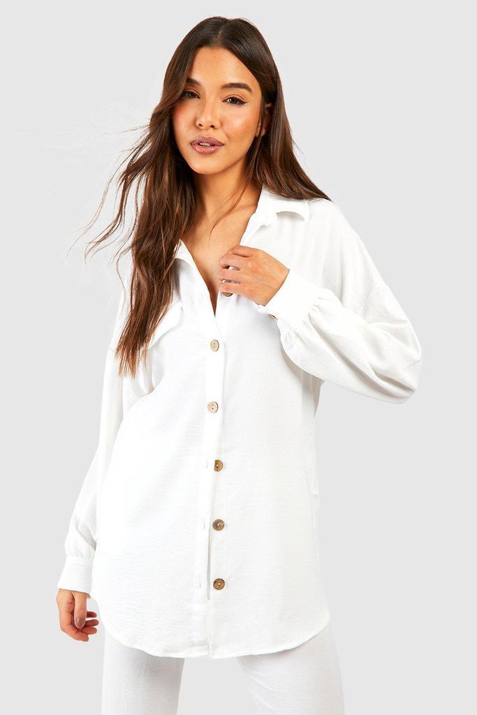 Womens Hammered Contrast Button Relaxed Fit Shirt - White - 8, White