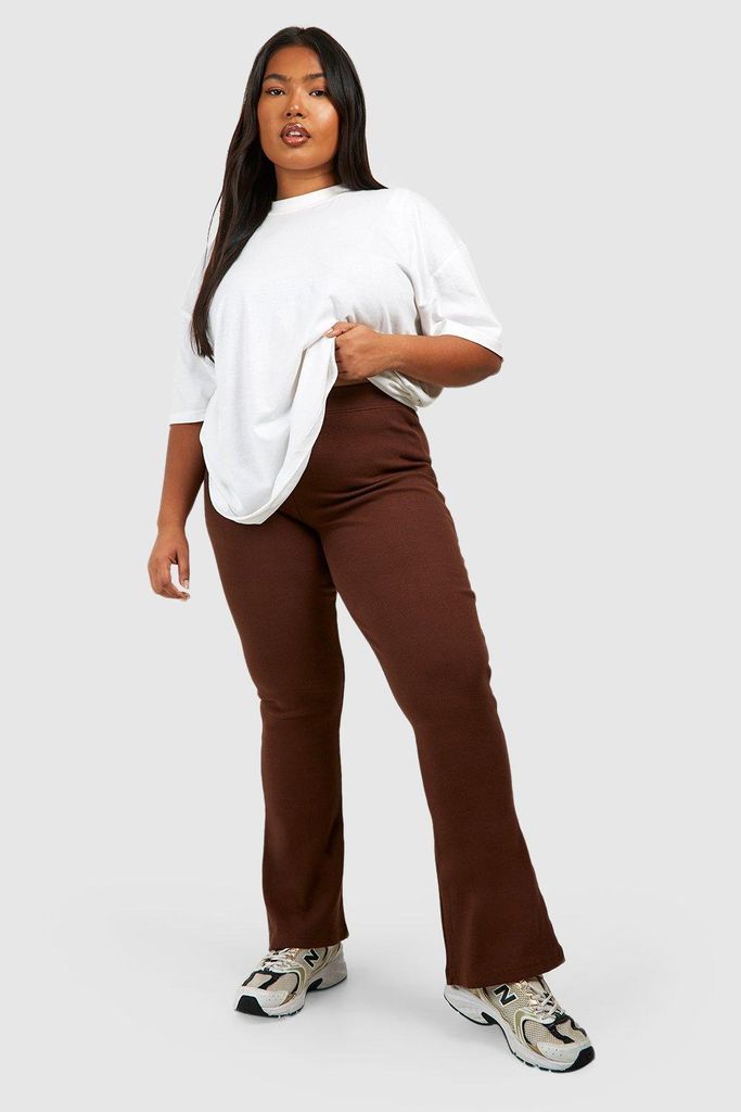 Womens Plus Cotton Rib Basic Flare Trousers - Brown - 16, Brown