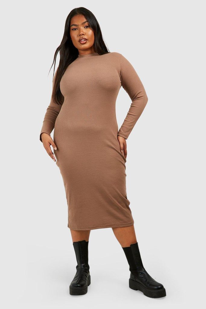 Womens Plus Funnel Neck Rib Long Sleeve Midi Dress - Beige - 16, Beige