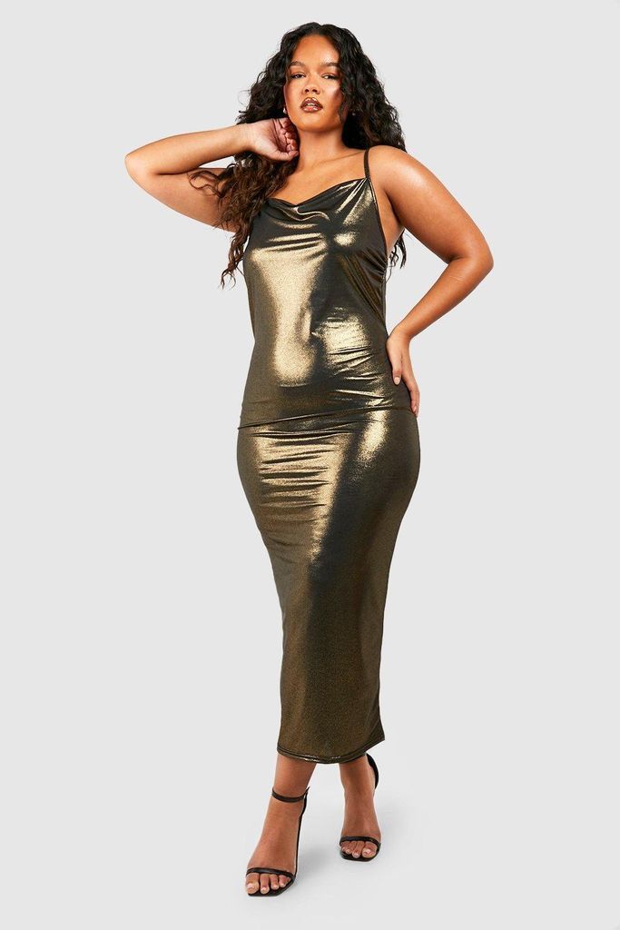 Womens Plus Metallic Column Midaxi Dress - Gold - 16, Gold