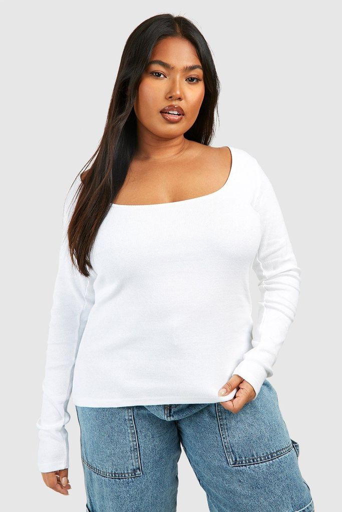 Womens Plus Ribbed Thick Binding Scoop Neck Top - White - 16, White