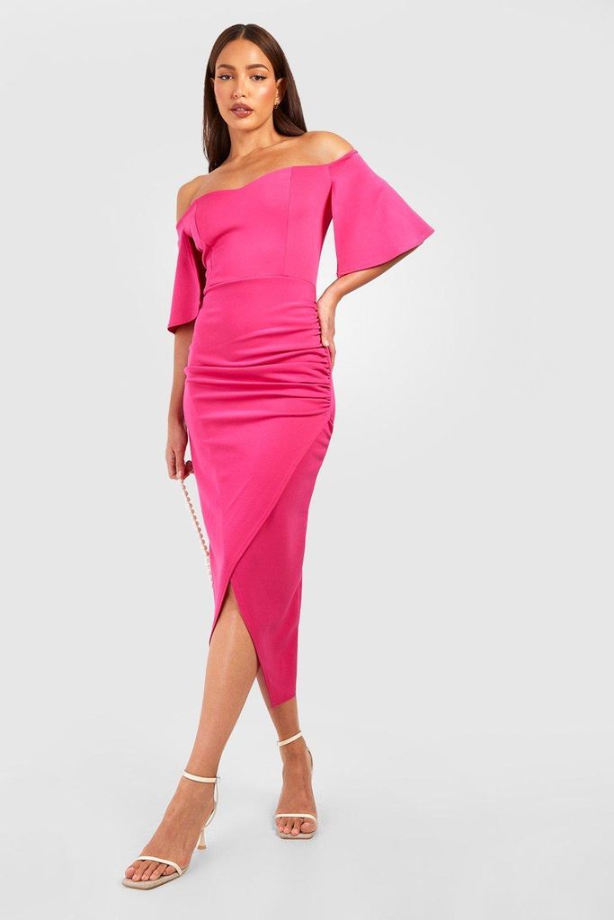 Womens Tall Bardot Ruched Side Asymmetric Midaxi Dress - Pink - 6, Pink