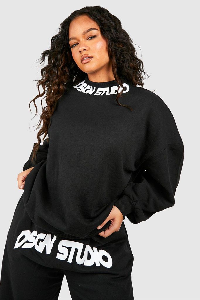 Womens Plus Dsgn Studio Neck Print Oversized Sweatshirt - Black - 16, Black