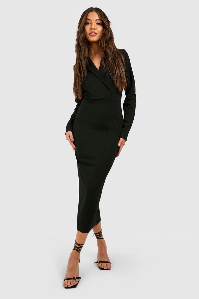 Womens Crepe Long Sleeved Wrap Tailored Midi Dress - Black - 6, Black