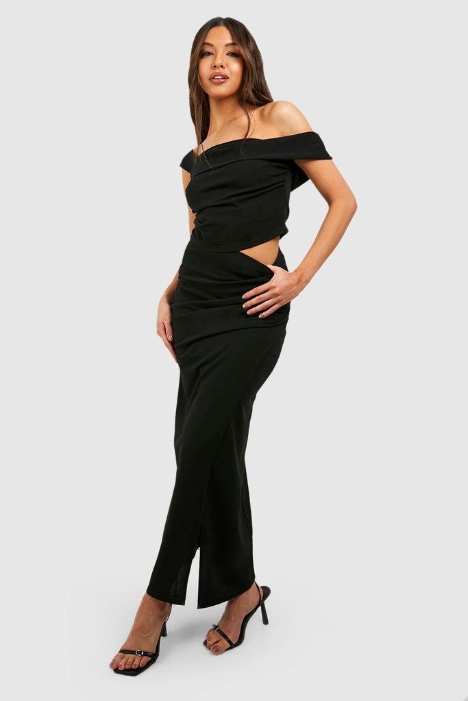 Womens Drape Bardot Top & Wrap Thigh Split Maxi Skirt - Black - 6, Black