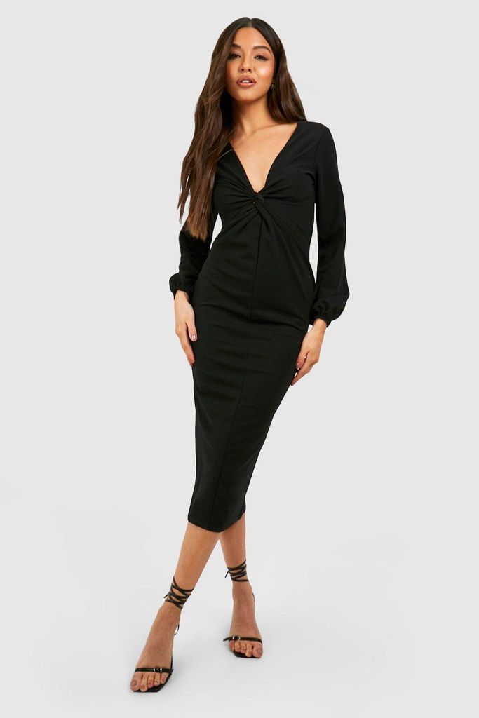 Womens Knot Front Volume Sleeve Crepe Midi Dress - Black - 6, Black