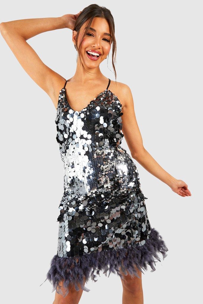Womens Ombre Sequin Feather Slip Party Dress - Grey - 8, Grey